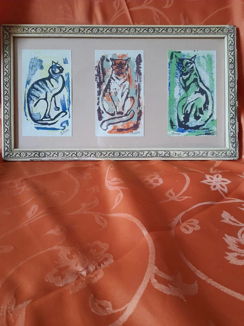 beau dessin couleur ancien signé Maurice Vienne artiste belge  trois chats