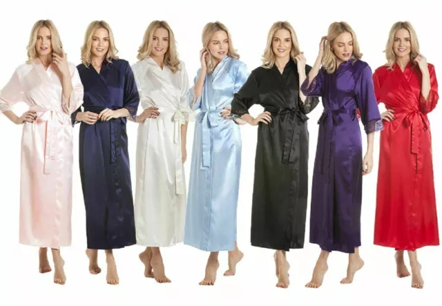 Womens Long Dressing Gown By Lady Olga Nightwear Satin Robe With lace - Gift