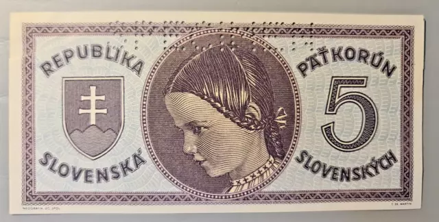 Slovakia 5 pat korun 1945 banknote Specimen Czechoslovakia republika slovenska