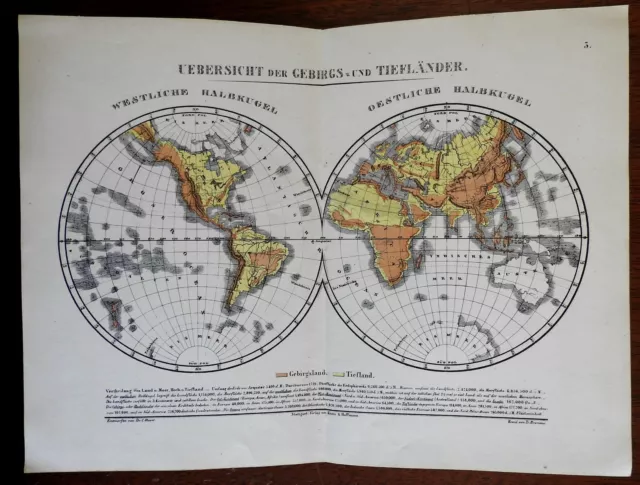Mountains Ranges & Lowland of World Physical 1858 Krais & Hoffman scarce map
