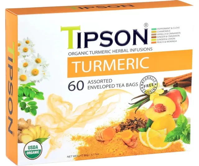Tipson Organic Turmeric Assorted 60 Enveloped Tea Bags Free Shipping World Wide
