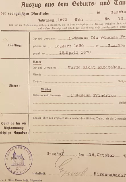 SANZKOW / UTZEDEL: Auszug aus dem Geburts-u.Taufregister v. 16.3.1870/18.10.1940
