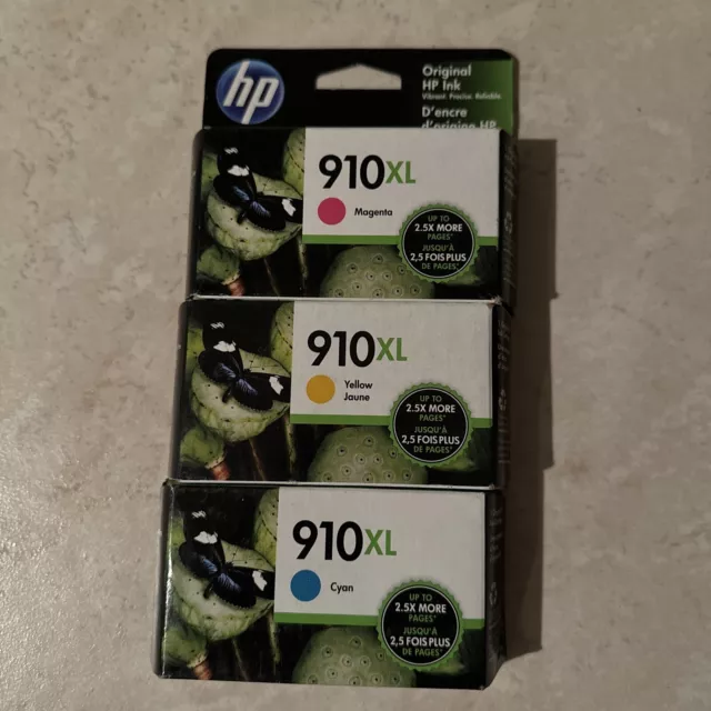 NEW Genuine HP 910XL 3 Pack Cyan, Magenta, Yellow Ink Cartridges OEM In Box 910
