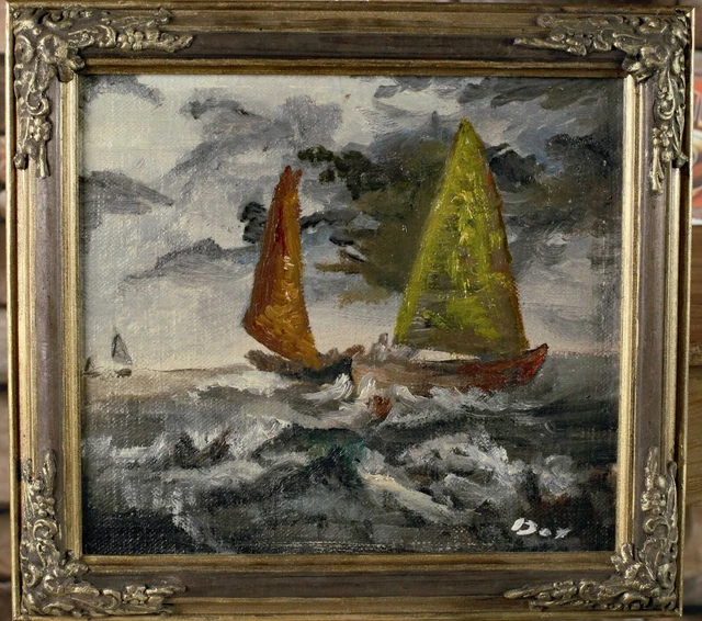 Ilegible Firmado Dax Day Pintura Al Óleo Antiguo Paisaje Marino Mar Velero Barco