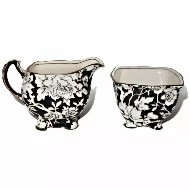 Royal Winton Grimwades PEONY, Black with White Flowers Creamer & Open Sugar Bowl