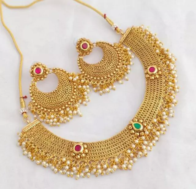 Indian Bollywood Style Gold Plated Choker Necklace Earrings Kundan Jewelry Set