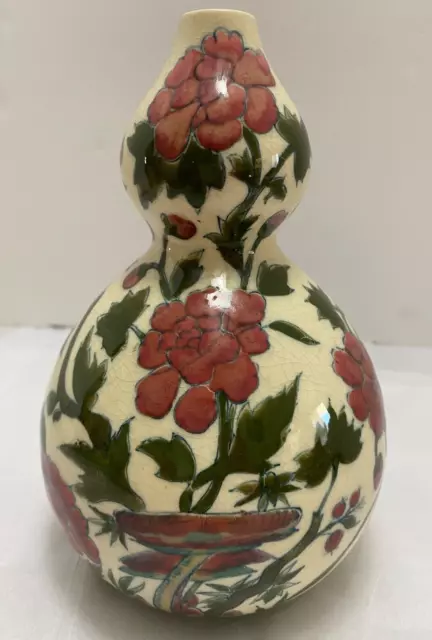 Zsolnay Pecs Double Gourd Vase Early 1878-1898 Mark Floral Hungary HdPtd 8"