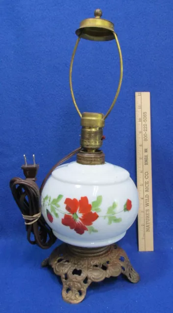 Vintage Hand painted Milk Glass Table Lamp Red Flower Pattern Electric Base Only