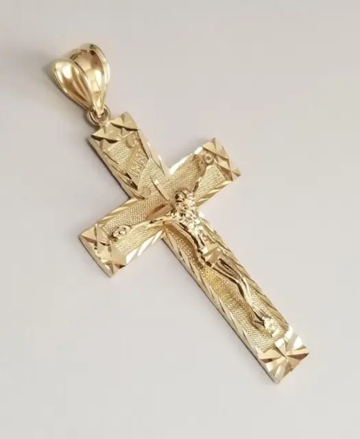 14K Solid Yellow Gold Religion Diamond Cut Jesus INRI Cross Crucifix Pendant