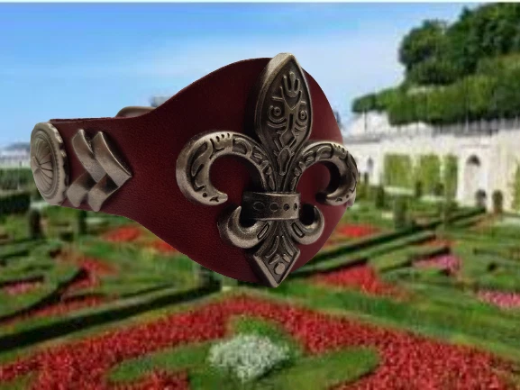 Bracelet En Cuir Véritable Rouge Avec Fleur De Lys Et Fermoir Boucle De Ceinture - Neuf Avec étiquettes