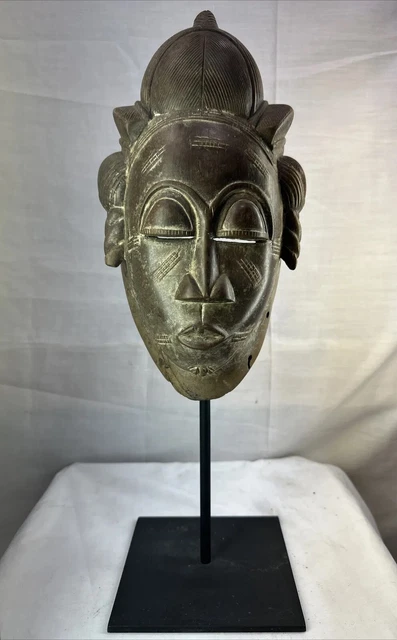 Baule tribal ceremonial 12” mask in heavy wood nice patina Coiffure Hair W Stand