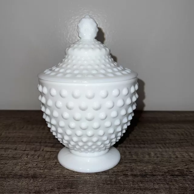 Vintage White Milk Glass Hobnail Candy Dish / Urn w/ Lid