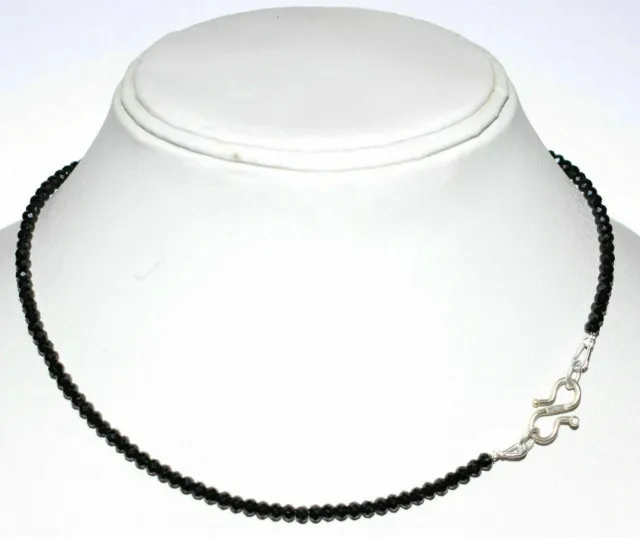 Black Spinel 3 mm Round Cut Beads 925 Sterling Silver 12" Strand Necklace AWQ454