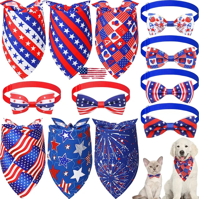 12 Pieces American Flag Labor Day Dog Bandana 4Th of July Dog Bow Ties Pet