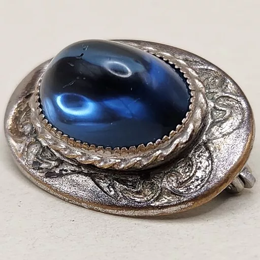 Vtg Blue Bullet Cabochon Brooch Glass UFO Estate Silver Tone Lapel Scatter Pin