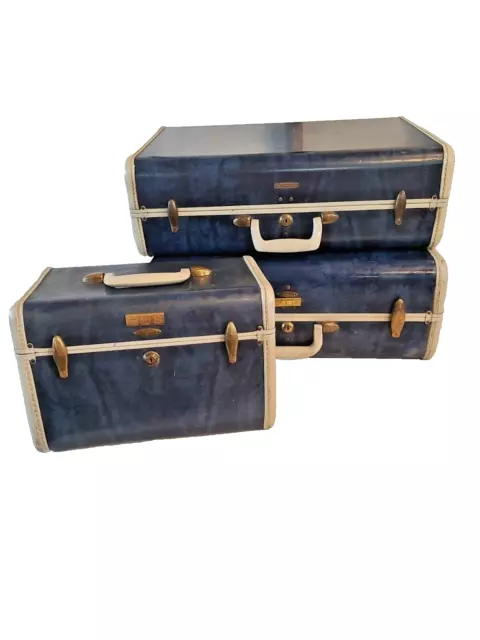 Vtg MCM 1950's Samsonite Shwayder Bros Luggage 3 Pc Set Suitcases Marble Blue