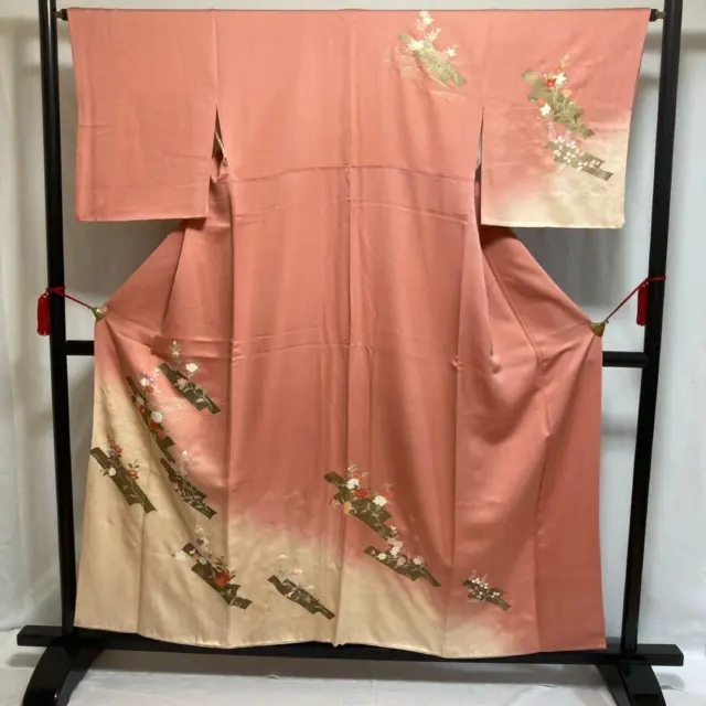 8805# kimono japonés Vintage bata de seda pura flor de balsa tradicional 155cm