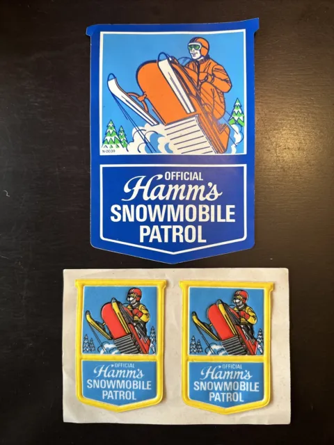 THREE Hamm's Beer Official Snowmobile Patrol Stickers- Decals.  NEW OLD STOCK!!
