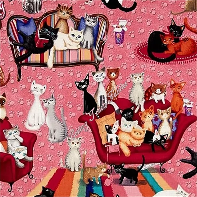 Benartex "Kitty Galore" 06395-22 Kat Lounge Cats On Furniture Fabric Per 1/2 Yd