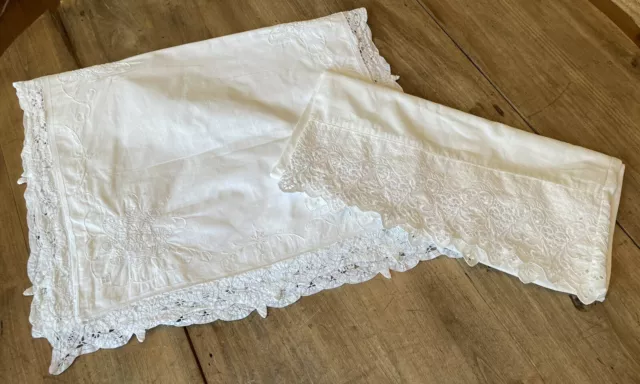 Vintage White King Embroidered Lace Pillow Sham & Eyelet Pillowcase