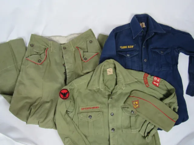 Vtg 30s 40s Boy & Cub Scout Uniform Lot Shirts Pants & Hat Metal Ring Buttons