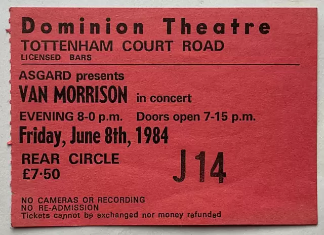 Van Morrison Original Used Concert Ticket Dominion Theatre London 8th Jun 1984