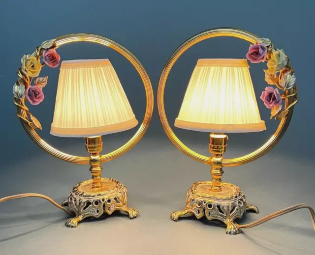 2 VTG Gold Gilt French Boudoir Brass Circle Branch Porcelain Rose Flowers Lamps