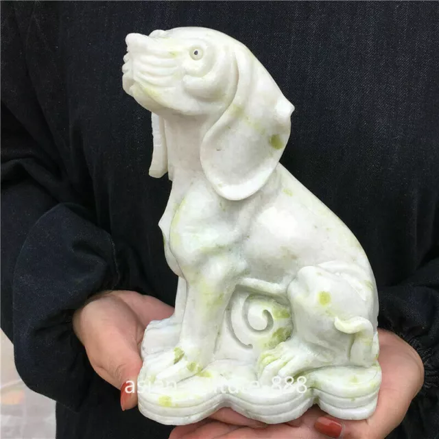 8" Chinese Lantian Jade Hand Carving Fenshui Dog Money Wealth Guard Sculpture