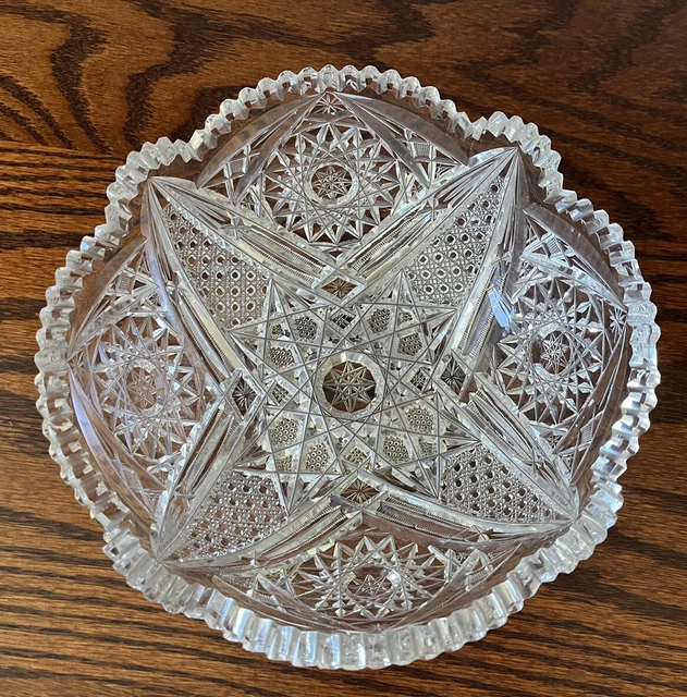 Antique American Brilliant Period ABP Cut Crystal Glass Hobstar Sawtooth Bowl 8"