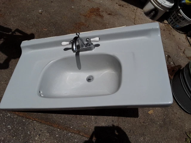 Vtg Mid Century 19"x37" Blue/Gray Bathroom Sink Top Modern Fixtures and Hardware