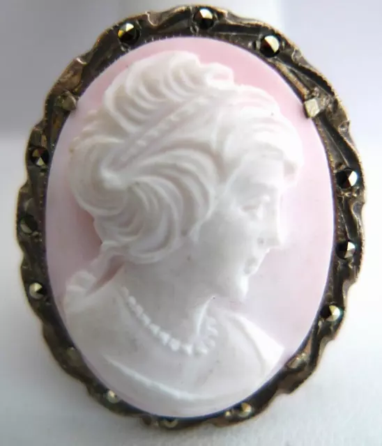 Vintage Sterling Silver Genuine Hand Carved Portrait Pink Angel Conch Cameo Pin