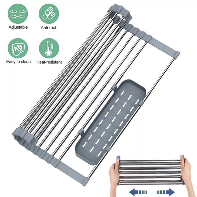 Telescopic Roll Up Dish Drying Rack Mat With Basket Sink Drain Organizer Kitchen