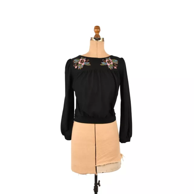Vintage 70s 80s Semi Sheer Black Puff Shoulder Long Sleeve Glitter Floral Shirt