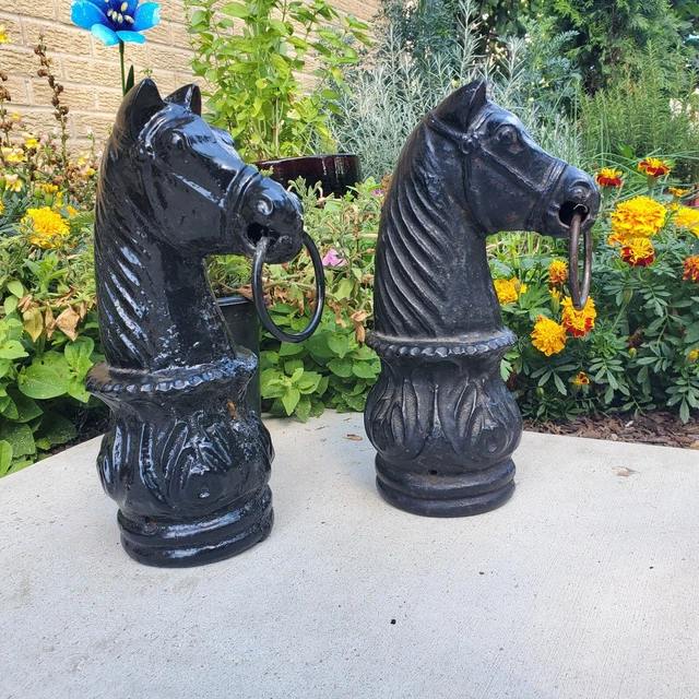 2 Antique Victorian Cast Iron Horse Head Hitching Post Nice Pair!