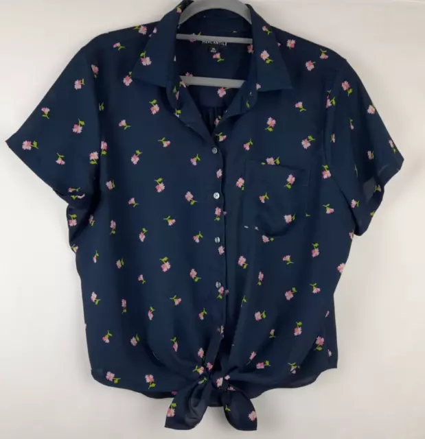 J. Crew Mercantile Size XL Navy Floral Short Sleeves Tie Waist Women's Blouse