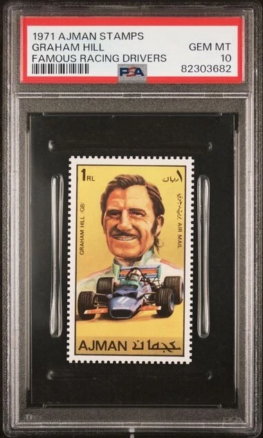 GRAHAM HILL - 1971 Famous Racing Drivers Ajman 1RL timbre PSA 10 (pop 1 ...