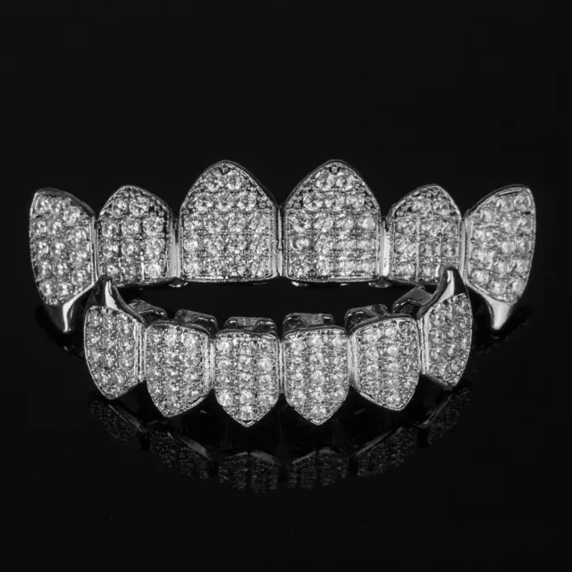 18K White Gold Plated Custom Slugs Fang Top Bottom GRILLZ Teeth Mouth Grills Set