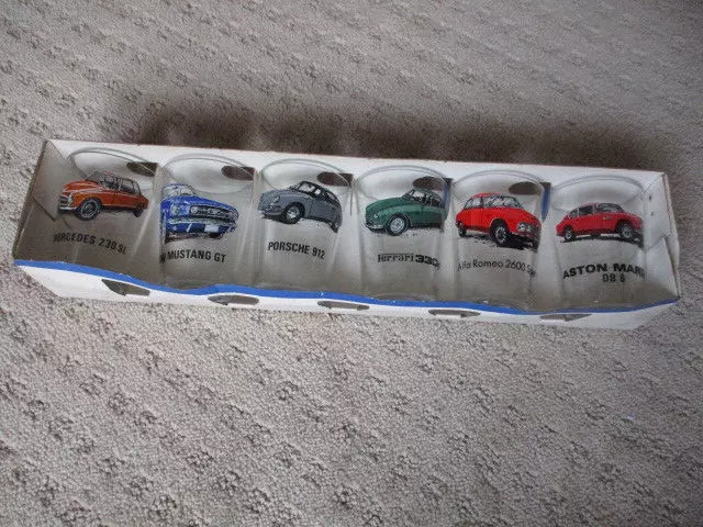 Luminarc Set of 6 VTG 1960s Sports Cars Bar Glasses Porsche Ferrari Mustang GT