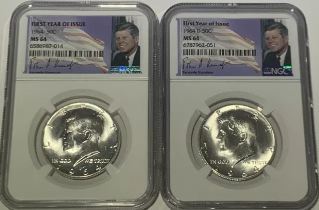 1964 P & D 2 Coin Set Ngc Ms64 Silver Kennedy Half Dollar First Year Issue Jfk