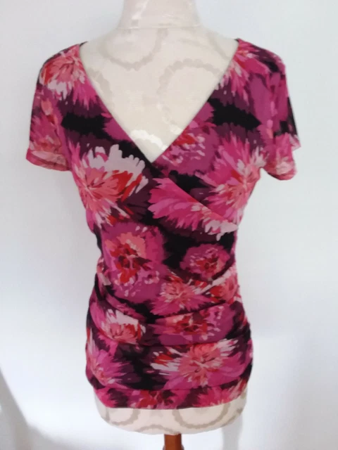 ELLE Pink Purple Black Floral Pattern Lined Knit Womens Short Sleeve Top Size S