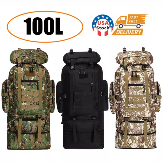 Large 100L Outdoor Military Tactical Backpack Rucksack Travel Camping Hiking Bag
