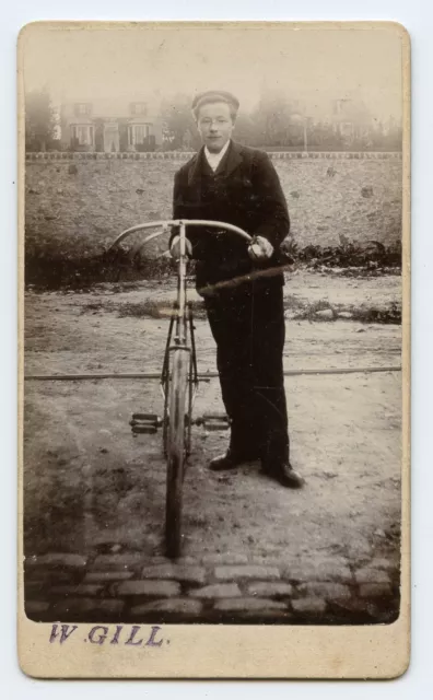 Young Man with Bicycle, Vintage Original CDV Photo, W. Gill, United Kingdom