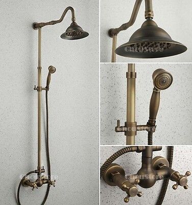 Old Fashion Antique Brass Wall Mount 8" Rain Shower Faucet Set Shower Mixer Tap
