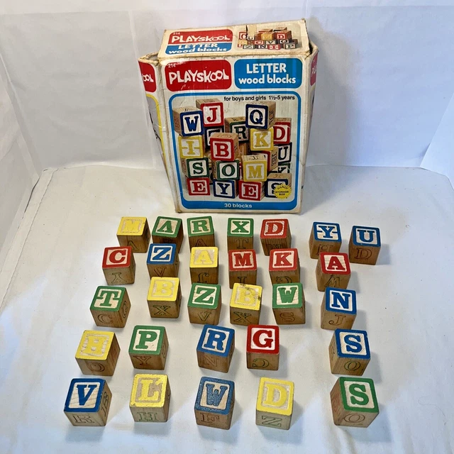 VINTAGE 1978 WOOD 30Alphabet Letter Building Blocks Playskool