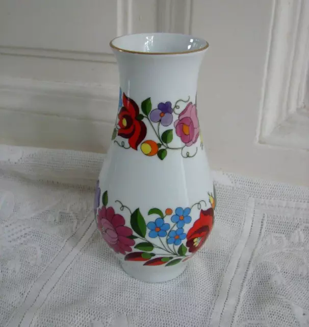 Kalocsa Hand Painted Porcelain Vase from Hungary Floral Gold Trim 7.5" Tall