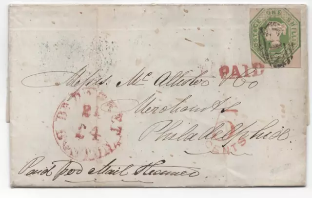 OUTSTANDING GREAT BRITAIN 1858 COVER 1s EMBOSSED SG 55 SHEFFIELD-LIVERPOOL-USA F