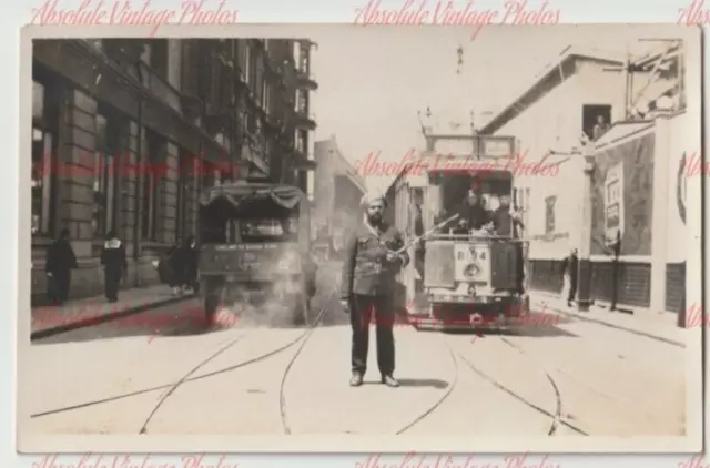 Postcard Sikh Traffic Policeman & Tram Shanghai China Real Photo Vintage 1920S