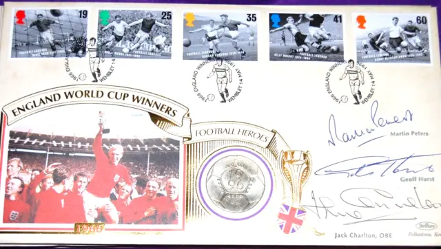 1966/96 World Cup Coin Benham First Day Cover Signed By Hurst Peters  J Charlton