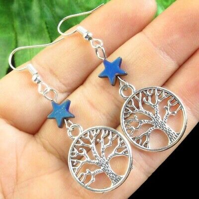 1Pair Carved Blue Hematite Pentacle Silver Tree of life Earrings Pendant SG3560