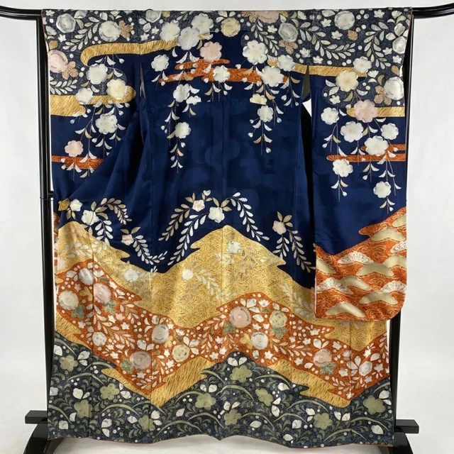 Woman Japanese Kimono Furisode Silk Flower Haze Gold Foil NavyBlue